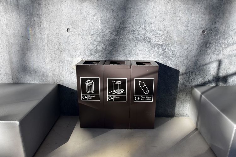Close-up of recycling waste bins 