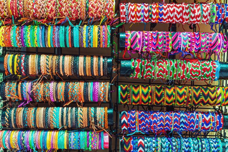 Full frame shot of multi colored wristbands for sale in market