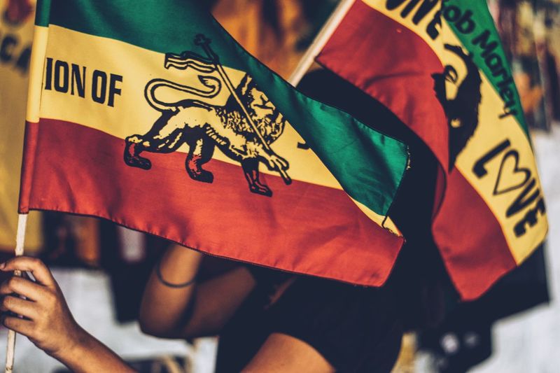 Woman holding rastafarian flag