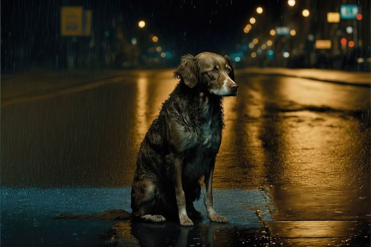 Night shot of homeless abandoned dog with sad smart eyes sitting down. rainy day. generative ai.
