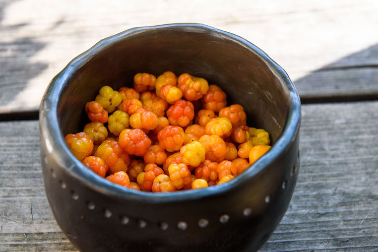 High angle view of fruits in bowl on table