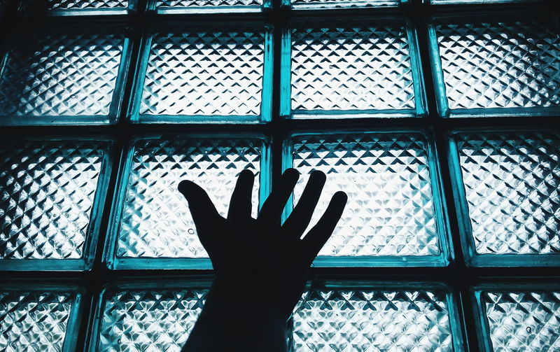 Cropped image of hand against glass window