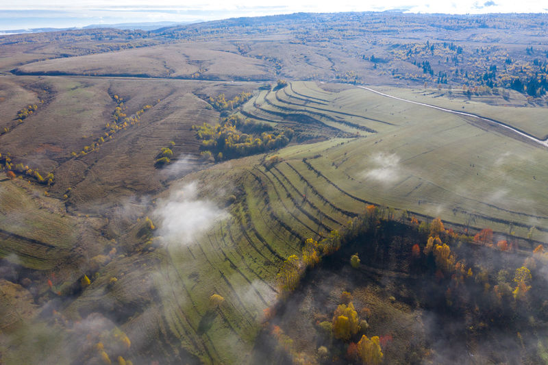 Above aerial view of countryside meadow in the autumn. flying over clouds, drone point of view