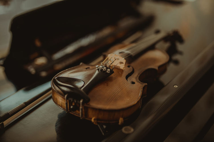 Close-up of violin on table