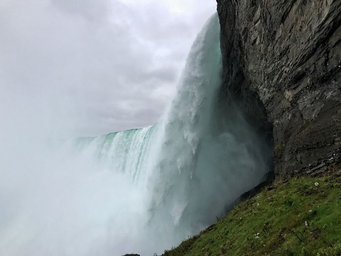 Scenic view of waterfall against sky