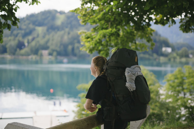 Backpacker at lake