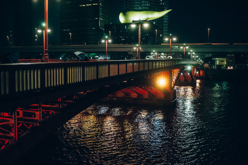 Illuminated bridge over river at night