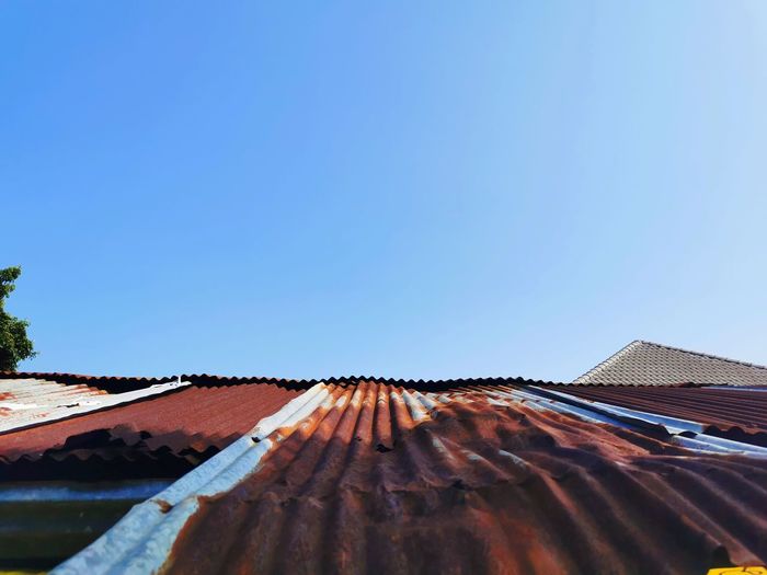 Roof of building against clear blue sky