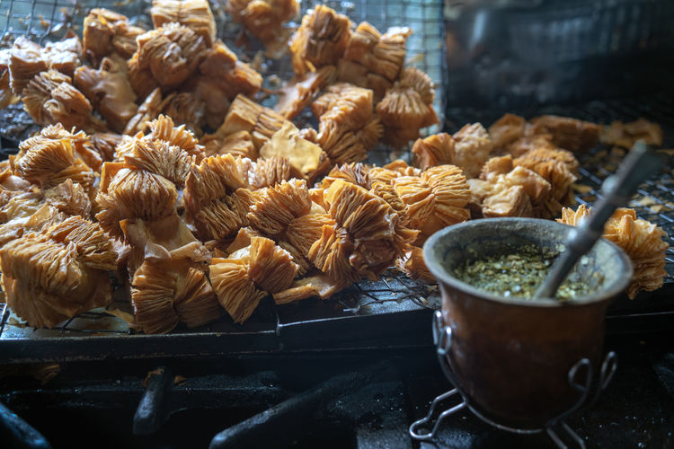 Cfried cakes, typical latin american dessert,  lose-up of food for sale at market