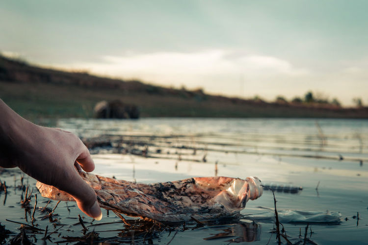 Cropped image of woman picking plastic bottle from lake