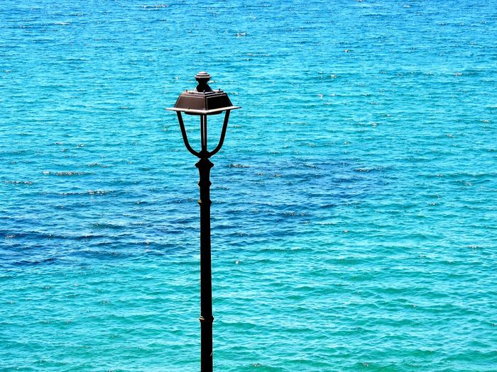 Seagull on street light against sea