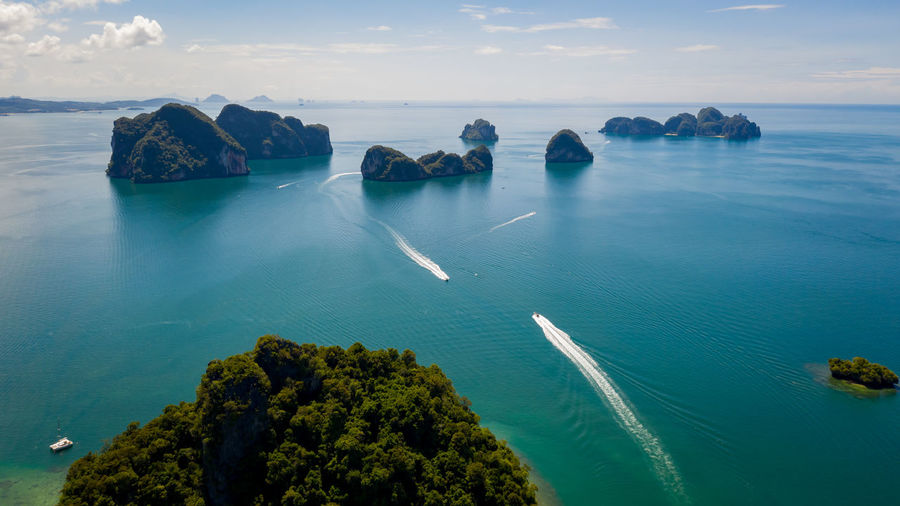 Landscape aerial view islands of the sea and boat tourists kra bi thailand