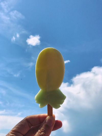 Close-up of hand holding popsicle against sky