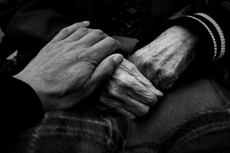 Close-up of senior couple holding hands