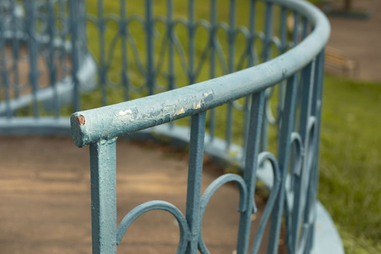 Fence in park. details of observation deck. forged steel fence. handrail.