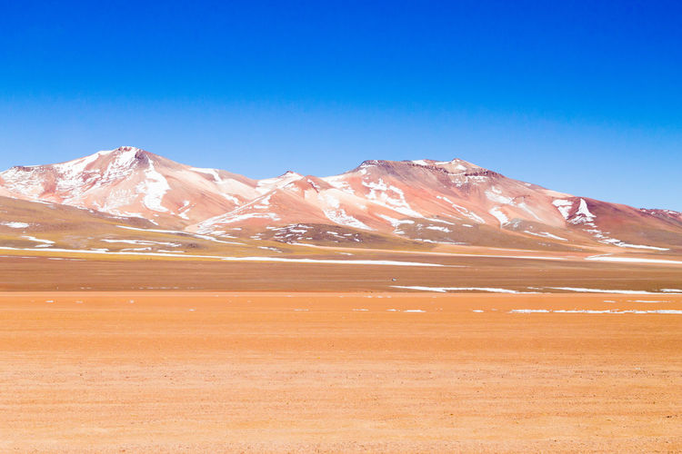 Scenic view of snowcapped mountains against clear blue sky