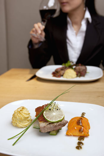 Close up of plate of food in restaurant