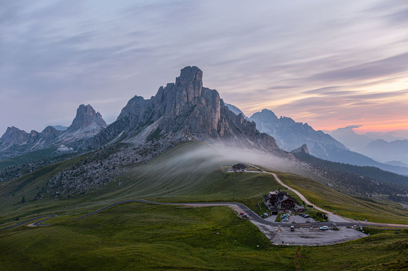 Scenic view of passo di giau during sunrise.