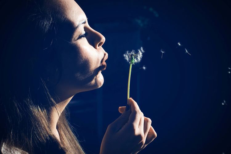 Close-up of woman blowing dandelion during sunset