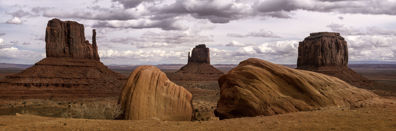 Panoramic view of rocks on landscape against cloudy sky
