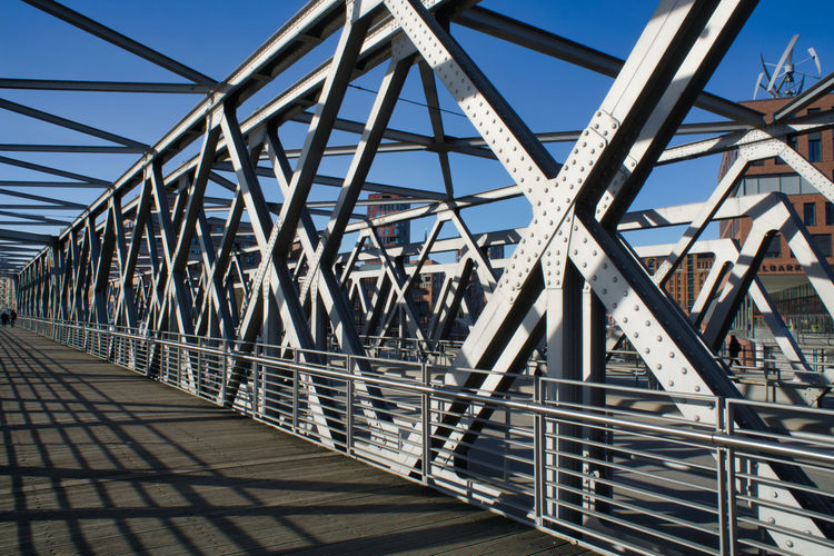 Metallic footbridge against clear sky