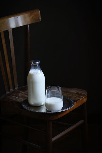 Close-up of milk in glass on table