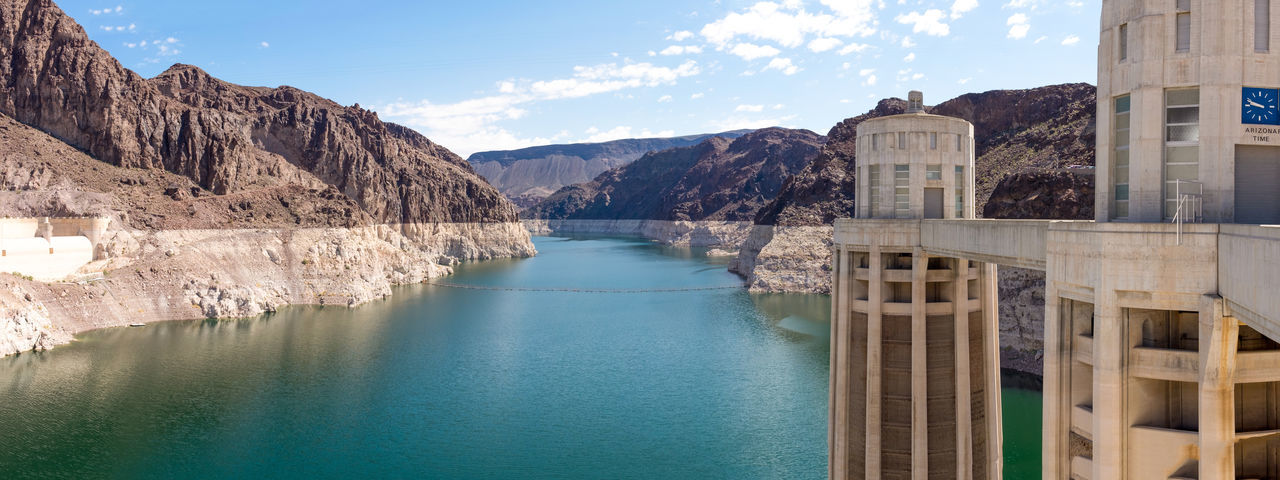 Panoramic view of hoover dam by lake mead