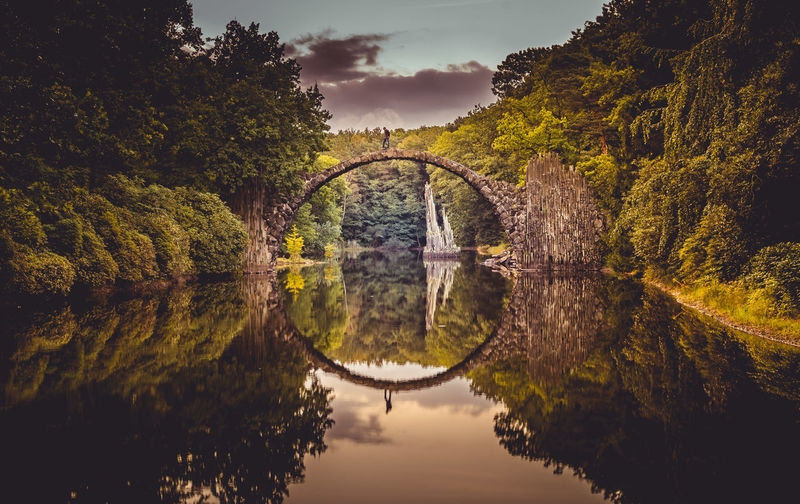 Bridge over river with trees in background