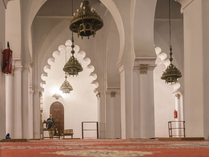 Koutoubia mosque interior with white pillars and decoration