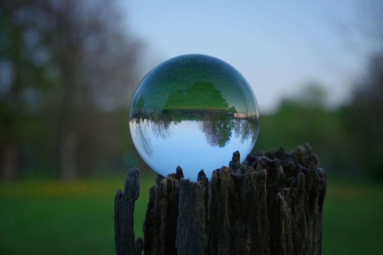 Close-up of crystal ball on wooden table
