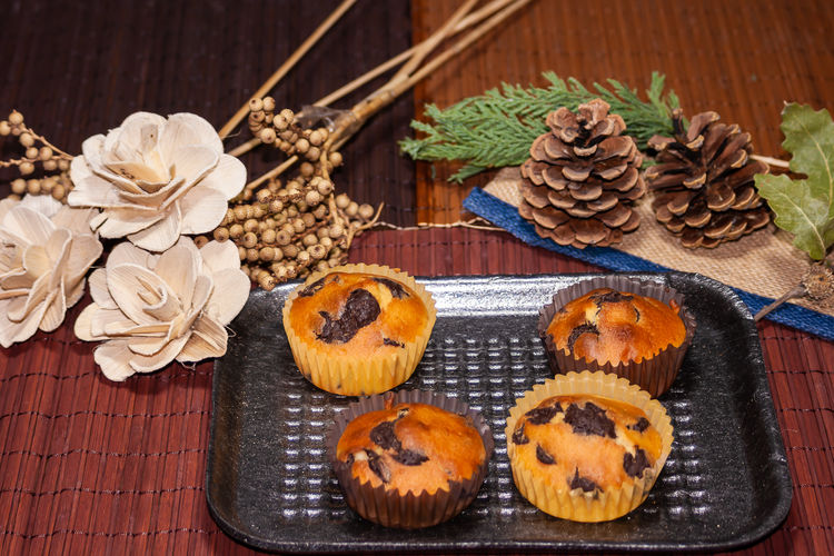 High angle view of dessert on table