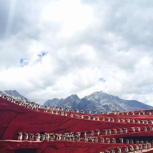Artists performing at jade dragon snow mountain against sky