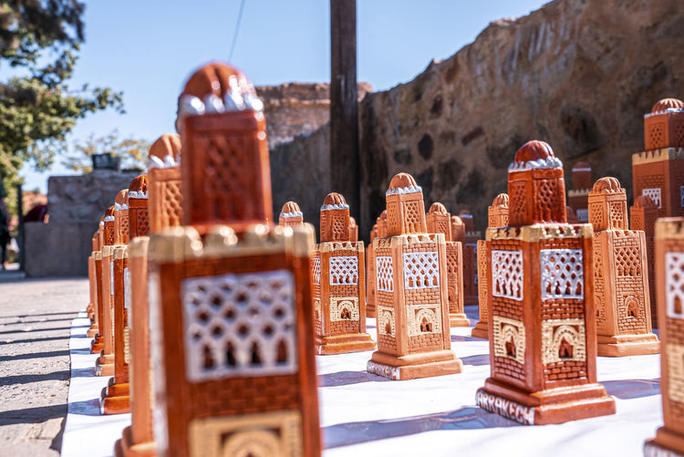 Traditional moroccan souvenirs of handmade religious minaret in marrakech