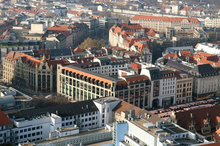 High angle view of buildings in city