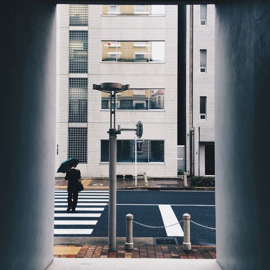 Rear view of man with umbrella walking on street in city