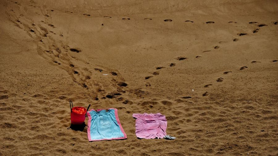 High angle view of clothes drying on beach