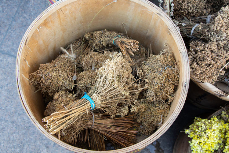 High angle view of dried plant in bowl