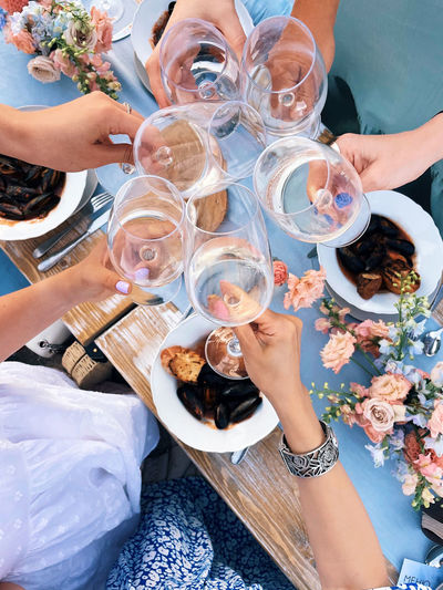 High angle view of women toasting wineglasses at table