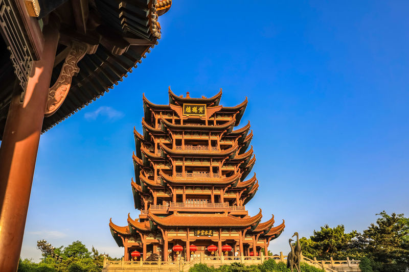 Low angle view of temple building against blue sky