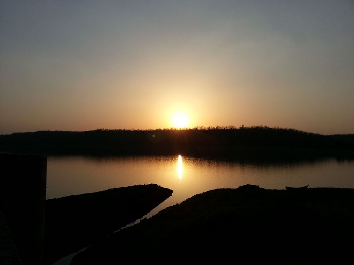 Scenic view of lake against sky during sunset