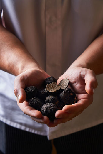 Unrecognizable cook demonstrating handful of black truffles for exquisite dish preparation