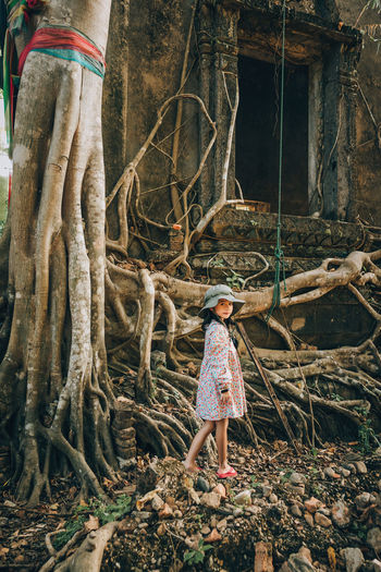 Asian beautiful tourist girl walking in temple