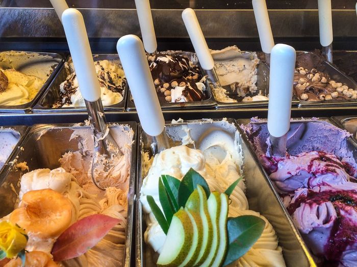 Different flavors of gelato displayed at store